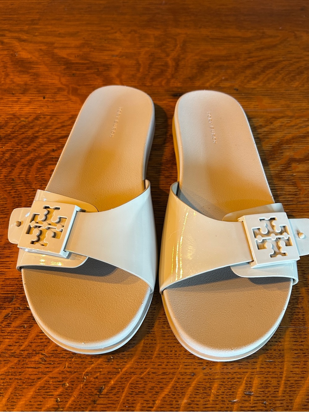 Tory Burch Cream Patent Logo Buckle Slide Sandals